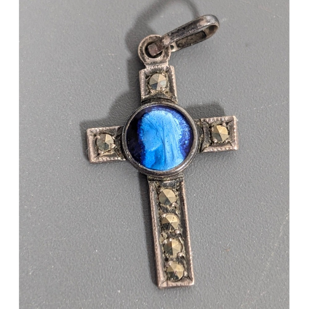 Vintage 925 Sterling Silver French Lourdes Cross Pendant Blue Enamel Marcasite